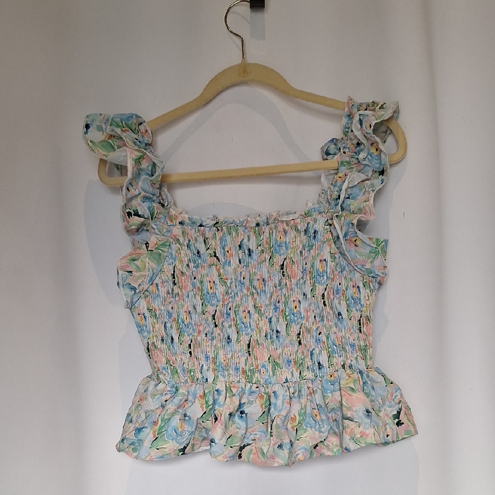 & Merci Smocked Ruffle-Floral Tank Top - Pastel Multicolor Size M